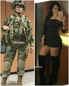 Hot Military Girl Swaps Combat Gear for Black Mini Skirt and High Heel Boots,