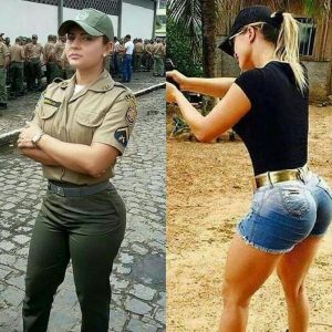 Sexy Military Girl Swaps Uniform for Short Tight Jeans, Black Top and Cap