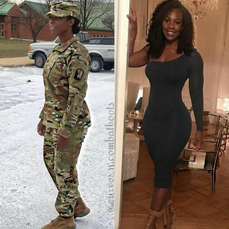 Sexy Black Army Girl Swaps Uniform for Body Tight Maxi Dress